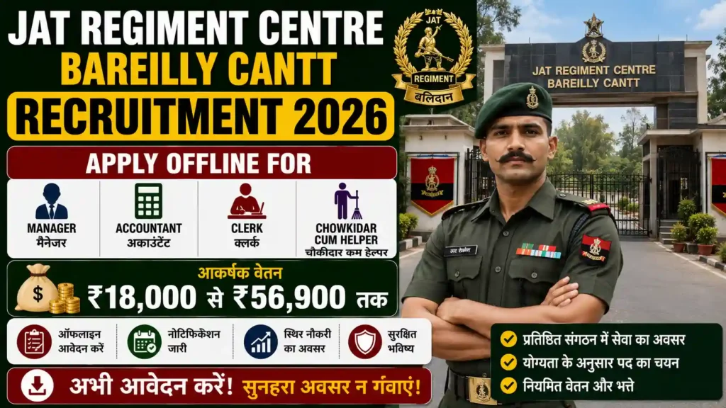 Jat Regiment Centre Bareilly Cantt Recruitment 2026